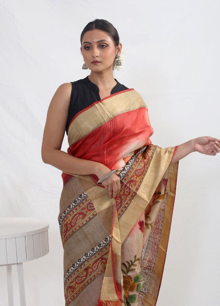 Pink Tussar Silk Saree With Blouse Piece - Indian Silk House Agencies