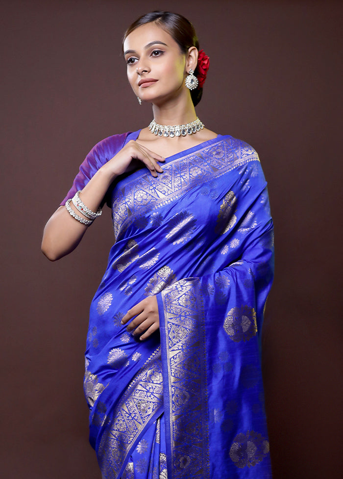 Blue Dupion Silk Saree With Blouse Piece