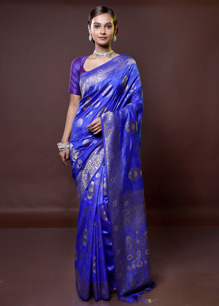 Blue Dupion Silk Saree With Blouse Piece