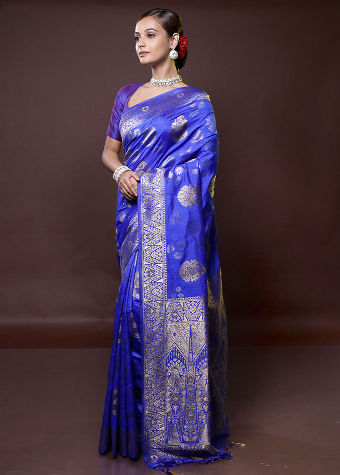 Blue Dupion Silk Saree With Blouse Piece