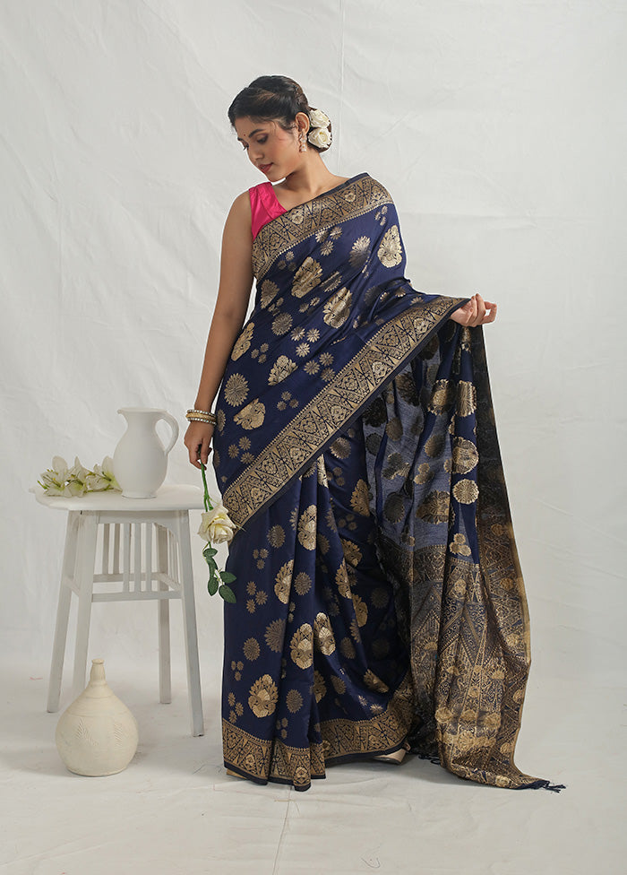 Blue Dupion Silk Saree With Blouse Piece - Indian Silk House Agencies