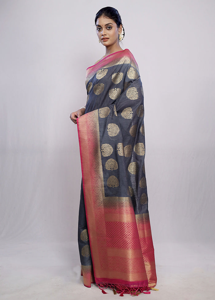 Grey Dupion Silk Saree With Blouse Piece - Indian Silk House Agencies