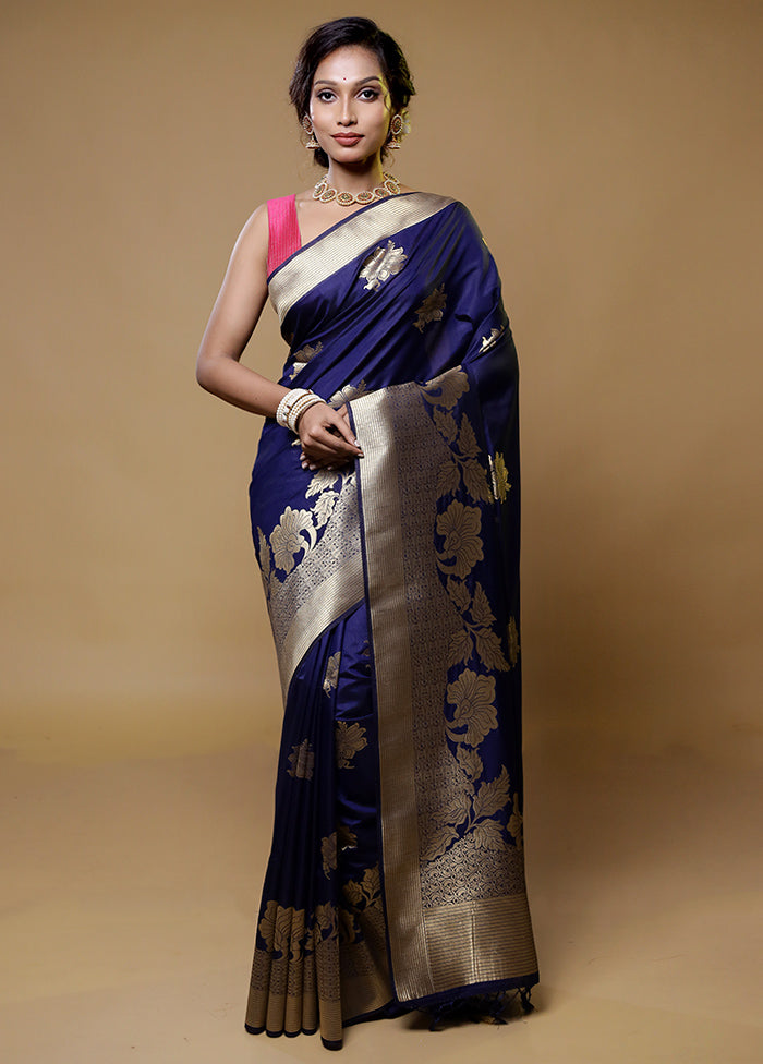 Blue Dupion Silk Saree With Blouse Piece