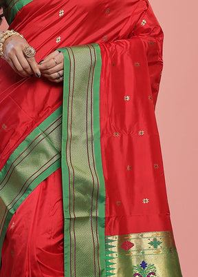 Red Paithani Pure Silk Saree With Blouse Piece - Indian Silk House Agencies