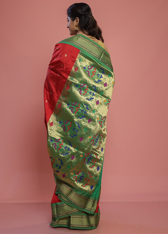 Red Paithani Pure Silk Saree With Blouse Piece - Indian Silk House Agencies