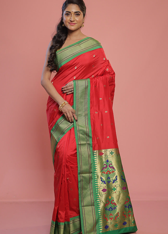 Red Paithani Pure Silk Saree With Blouse Piece - Indian Silk House Agencies