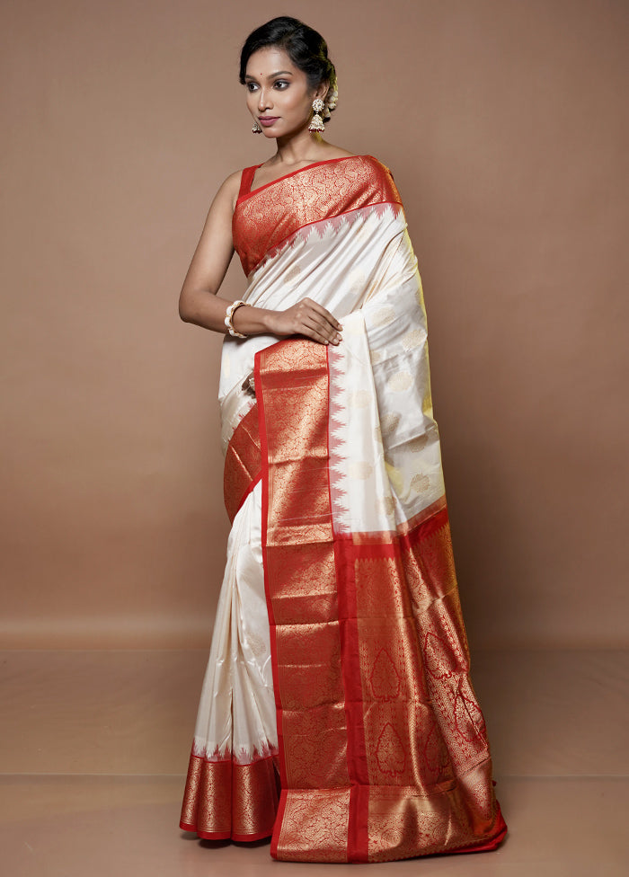 White Handloom Kanjivaram Pure Silk Saree With Blouse Piece