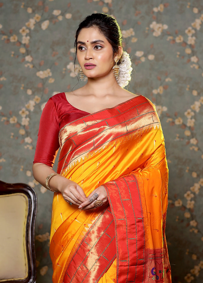 Rust Paithani Pure Silk Saree With Blouse Piece - Indian Silk House Agencies