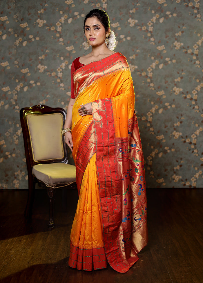 Rust Paithani Pure Silk Saree With Blouse Piece - Indian Silk House Agencies