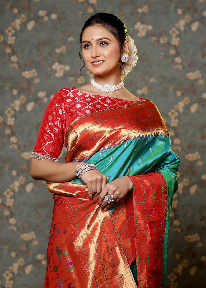 Green Paithani Pure Silk Saree With Blouse Piece - Indian Silk House Agencies