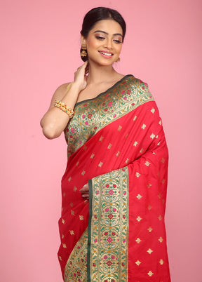 Red Dupion Silk Saree With Blouse Piece - Indian Silk House Agencies