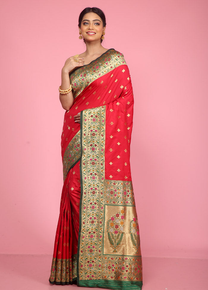 Red Dupion Silk Saree With Blouse Piece - Indian Silk House Agencies