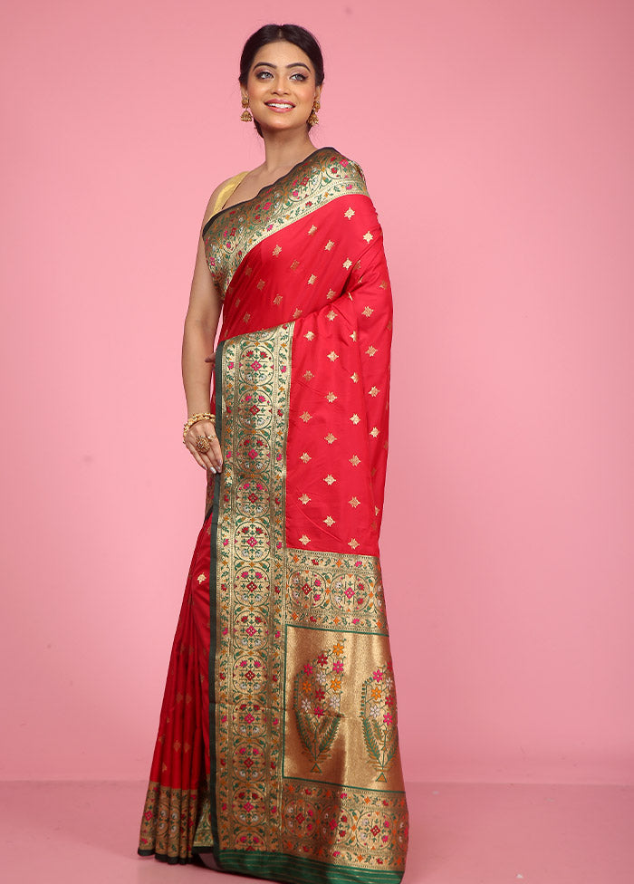 Red Dupion Silk Saree With Blouse Piece - Indian Silk House Agencies