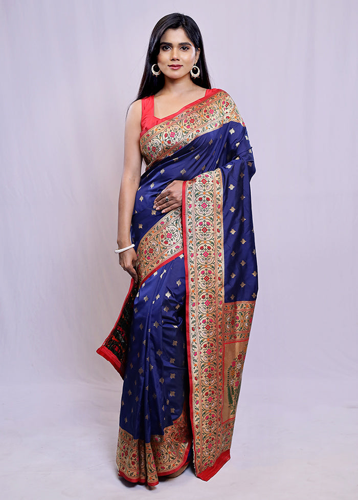 Blue Dupion Silk Saree With Blouse Piece - Indian Silk House Agencies