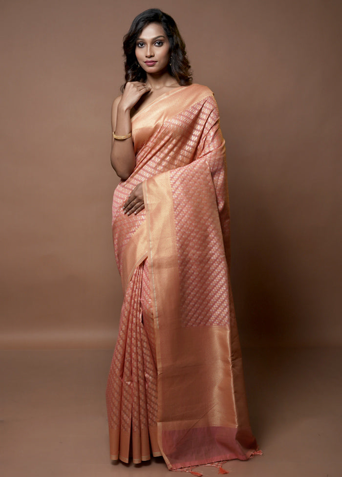 Peach Kora Silk Saree With Blouse Piece