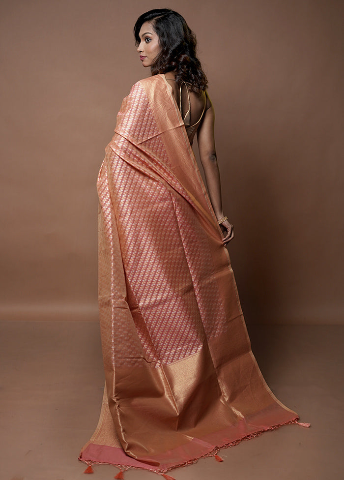 Peach Kora Silk Saree With Blouse Piece