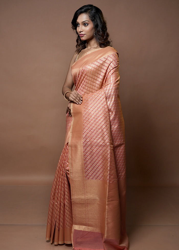 Peach Kora Silk Saree With Blouse Piece