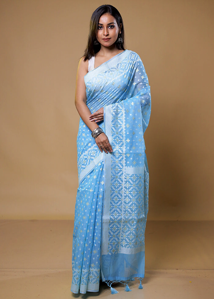 Blue Pure Cotton Saree With Blouse Piece