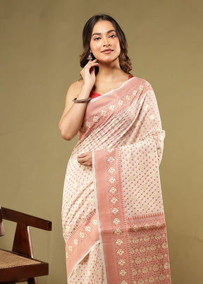 Cream Pure Cotton Saree With Blouse Piece