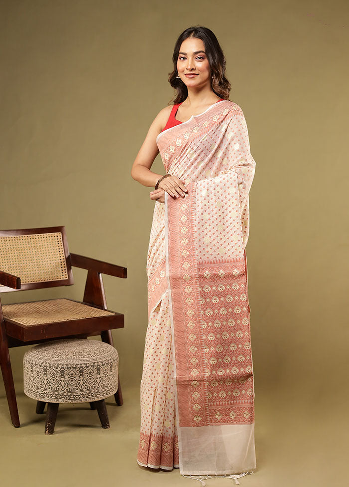 Cream Pure Cotton Saree With Blouse Piece