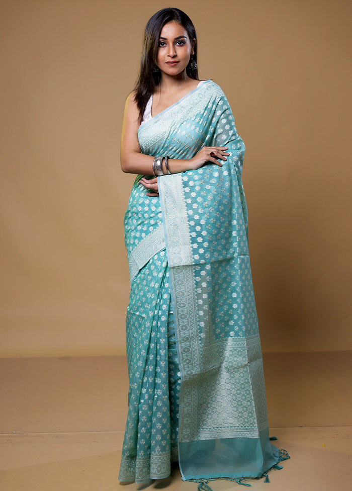 Blue Kora Silk Saree With Blouse Piece