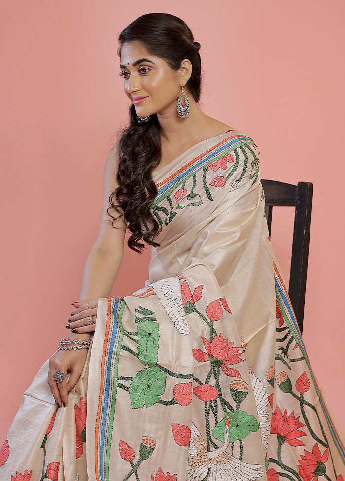 Cream Kantha Stitch Pure Silk Saree With Blouse Piece - Indian Silk House Agencies