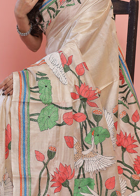 Cream Kantha Stitch Pure Silk Saree With Blouse Piece - Indian Silk House Agencies