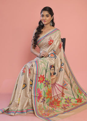 Cream Kantha Stitch Pure Silk Saree With Blouse Piece - Indian Silk House Agencies