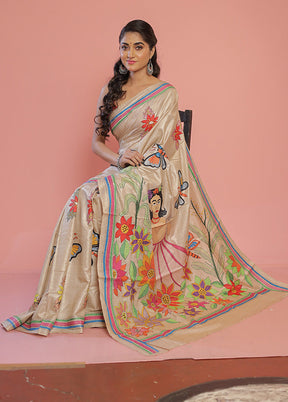 Cream Kantha Stitch Pure Silk Saree With Blouse Piece - Indian Silk House Agencies