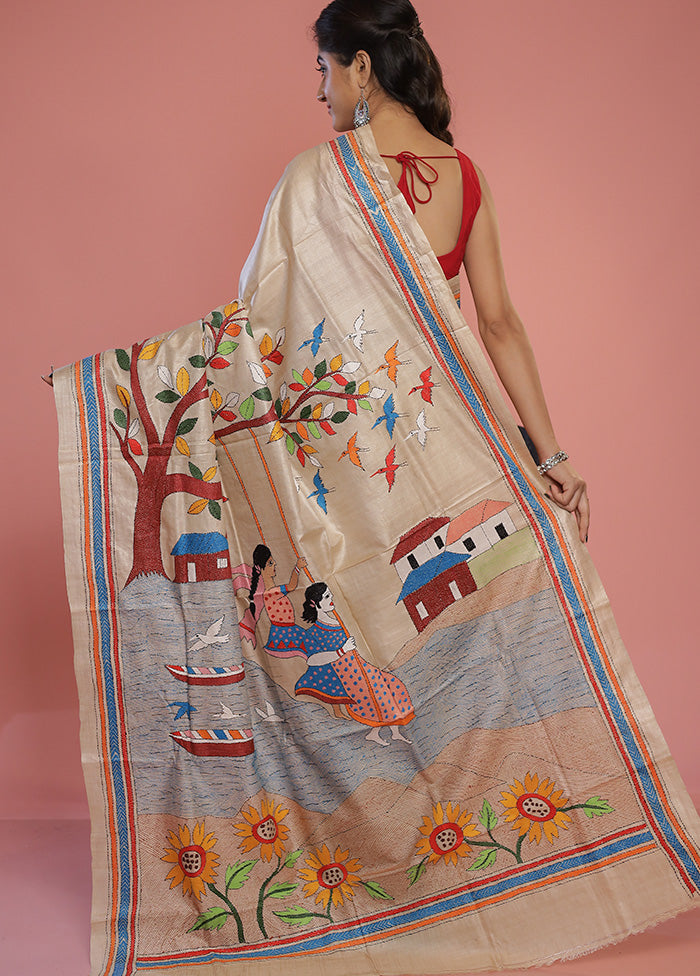 Cream Kantha Stitch Pure Silk Saree With Blouse Piece - Indian Silk House Agencies