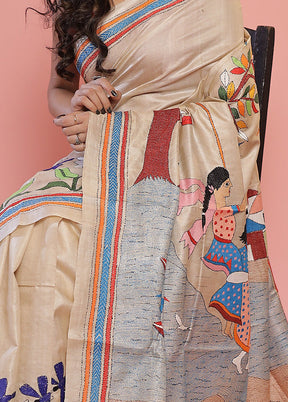 Cream Kantha Stitch Pure Silk Saree With Blouse Piece - Indian Silk House Agencies