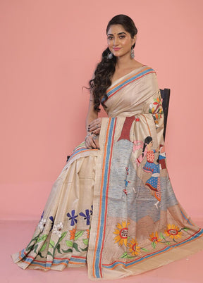 Cream Kantha Stitch Pure Silk Saree With Blouse Piece - Indian Silk House Agencies