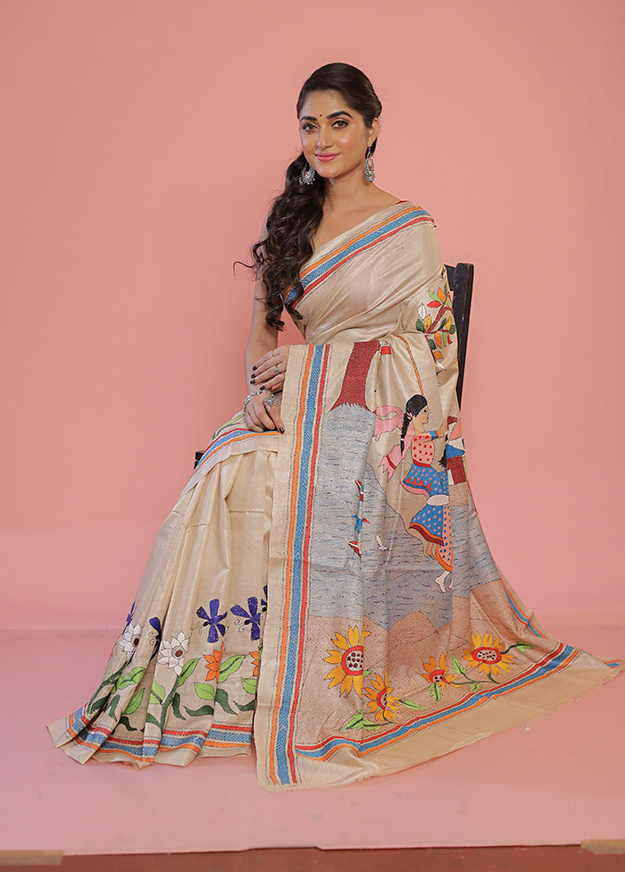 Cream Kantha Stitch Pure Silk Saree With Blouse Piece - Indian Silk House Agencies