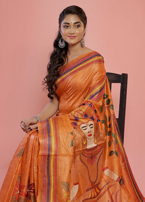 Orange Kantha Stitch Pure Silk Saree With Blouse Piece - Indian Silk House Agencies