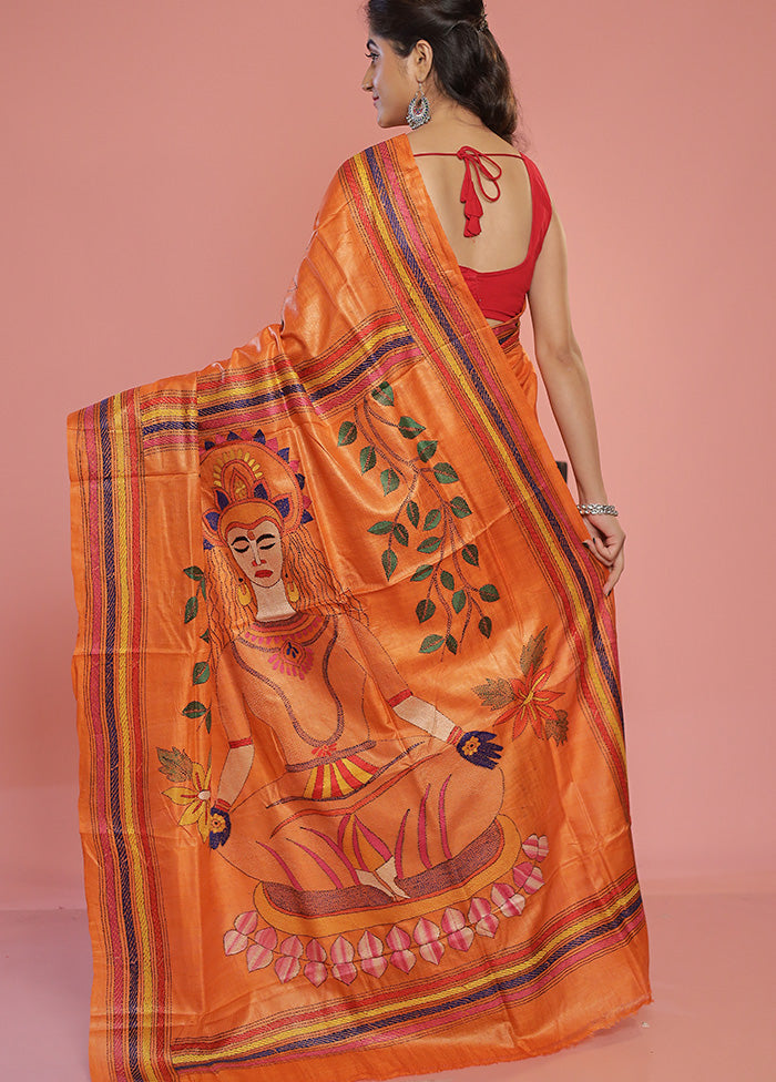 Orange Kantha Stitch Pure Silk Saree With Blouse Piece - Indian Silk House Agencies