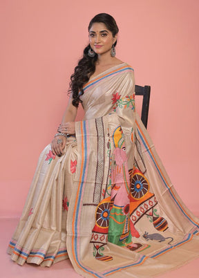 Cream Kantha Stitch Pure Silk Saree With Blouse Piece - Indian Silk House Agencies