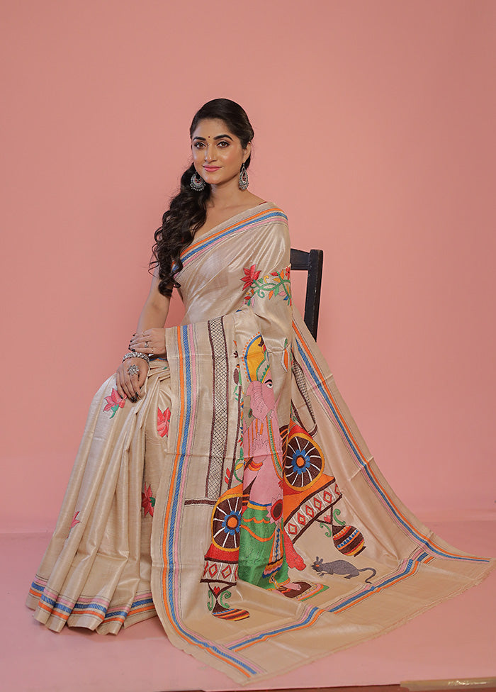 Cream Kantha Stitch Pure Silk Saree With Blouse Piece - Indian Silk House Agencies