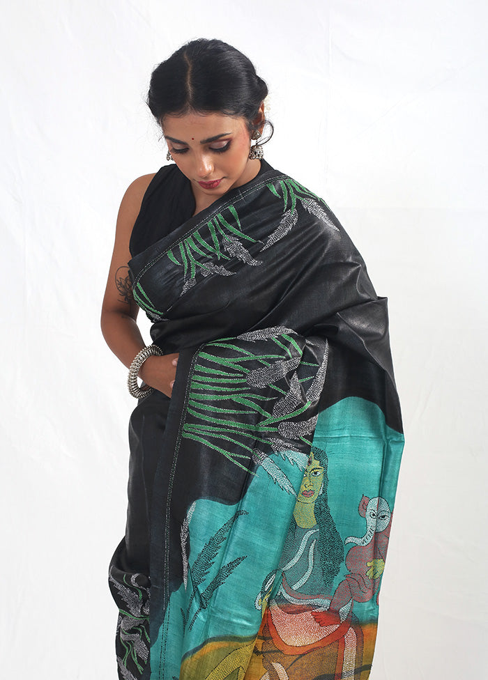 Black Kantha Stitch Pure Silk Saree With Blouse Piece - Indian Silk House Agencies