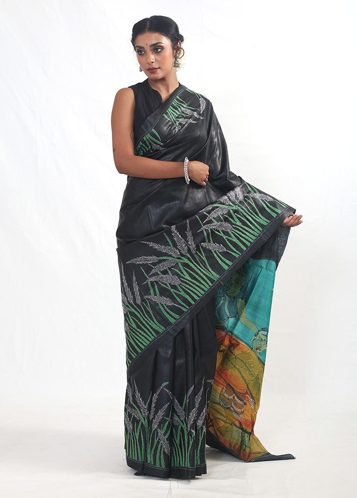 Black Kantha Stitch Pure Silk Saree With Blouse Piece - Indian Silk House Agencies