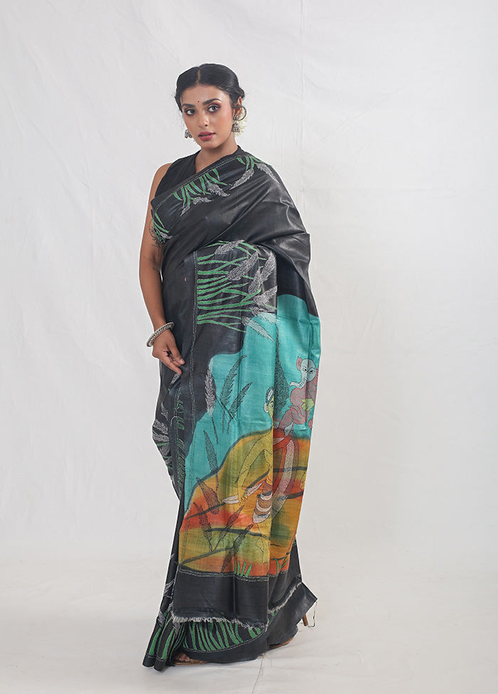 Black Kantha Stitch Pure Silk Saree With Blouse Piece - Indian Silk House Agencies