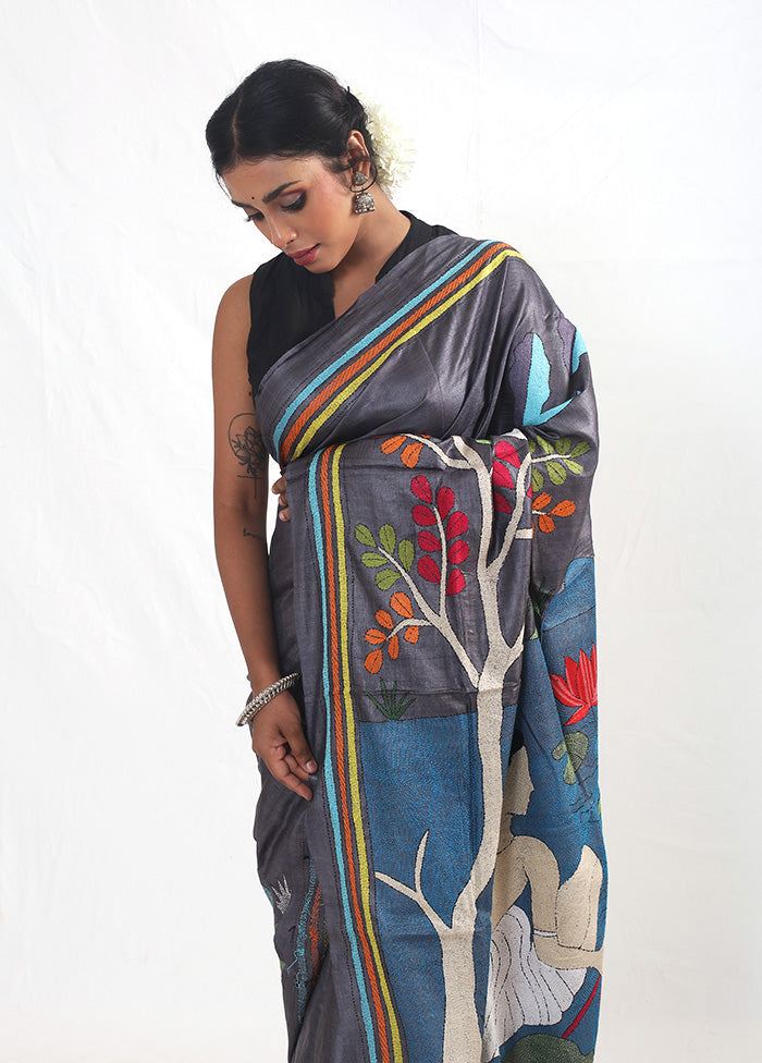 Grey Kantha Stitch Pure Silk Saree With Blouse Piece - Indian Silk House Agencies