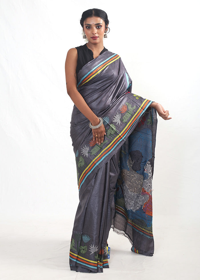 Grey Kantha Stitch Pure Silk Saree With Blouse Piece - Indian Silk House Agencies