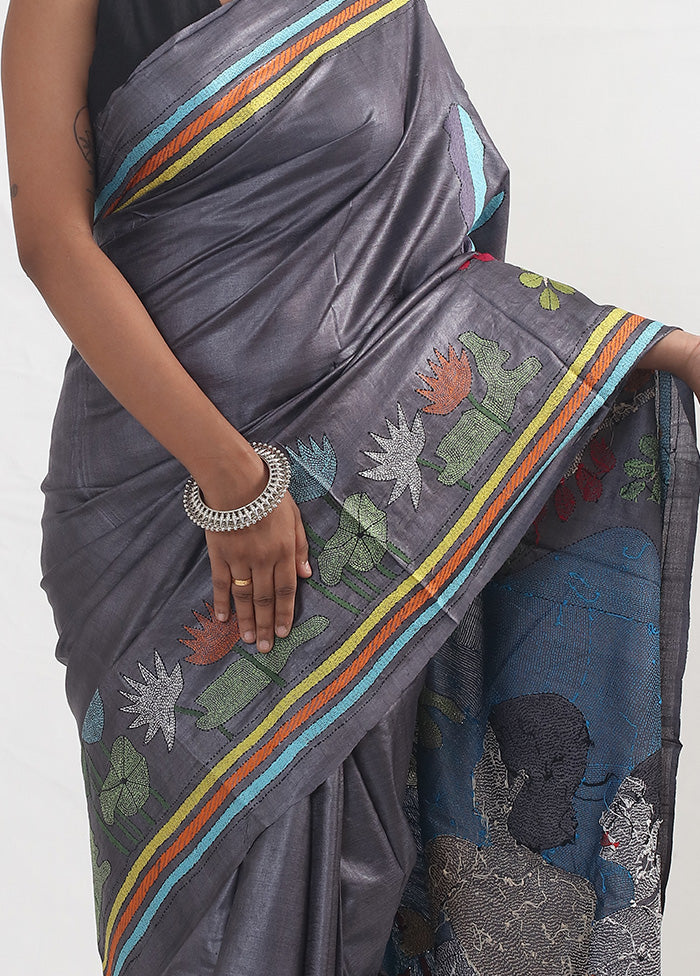 Grey Kantha Stitch Pure Silk Saree With Blouse Piece - Indian Silk House Agencies