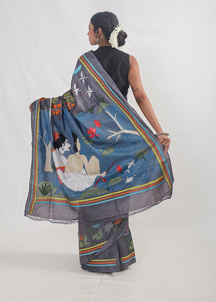 Grey Kantha Stitch Pure Silk Saree With Blouse Piece - Indian Silk House Agencies