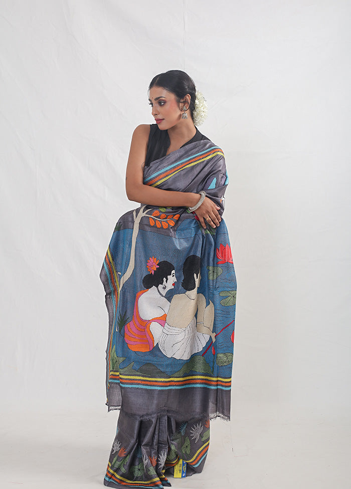 Grey Kantha Stitch Pure Silk Saree With Blouse Piece - Indian Silk House Agencies