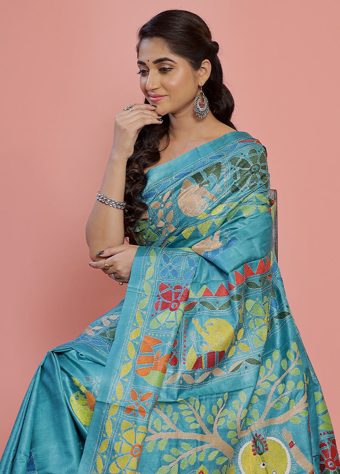 Blue Kantha Stitch Pure Silk Saree With Blouse Piece - Indian Silk House Agencies