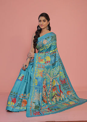 Blue Kantha Stitch Pure Silk Saree With Blouse Piece - Indian Silk House Agencies