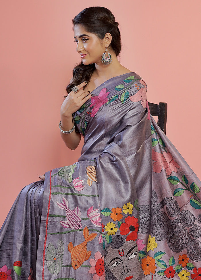 Grey Kantha Stitch Pure Silk Saree With Blouse Piece - Indian Silk House Agencies