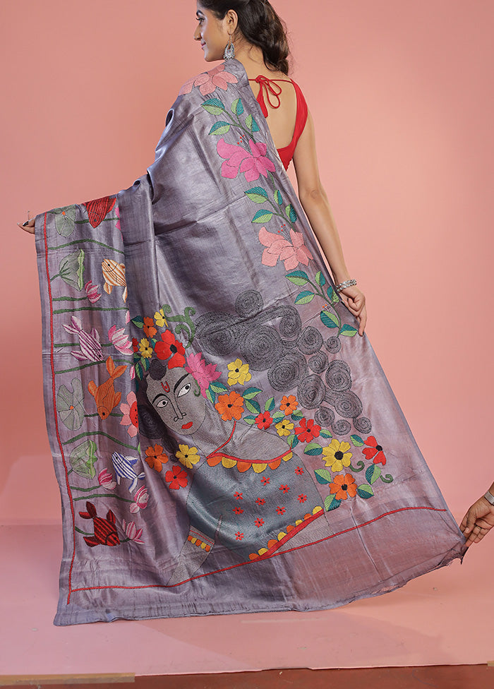 Grey Kantha Stitch Pure Silk Saree With Blouse Piece - Indian Silk House Agencies