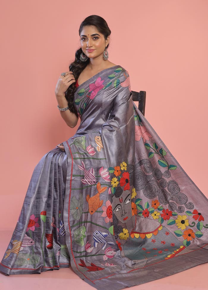 Grey Kantha Stitch Pure Silk Saree With Blouse Piece - Indian Silk House Agencies